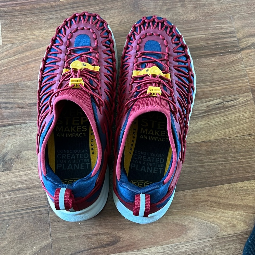 Keen Men's Red and Blue Athletic Shoes with Yellow Accents